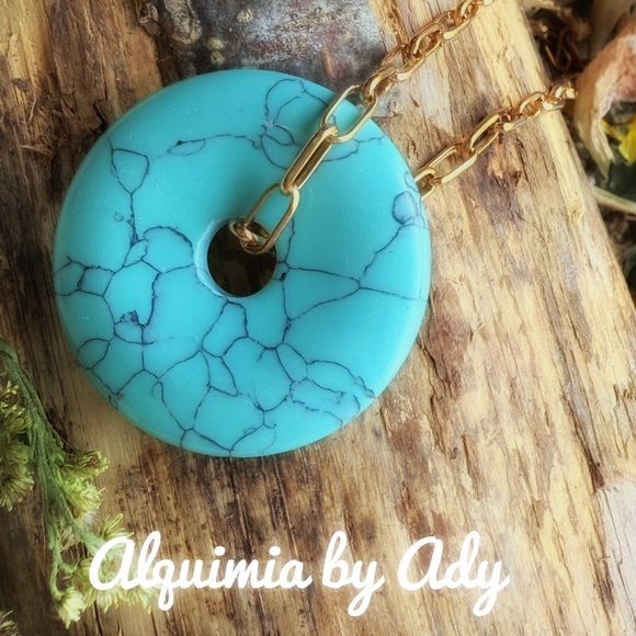 Ultra big turquoise disc pendant gold curb link chain necklace - Picture 3 of 3